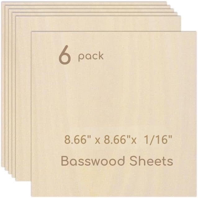 6 Pack Plywood Sheets, 8.66" x 8.66"x 1/16" Basswood Sheets | 1.5mm Basswood by Hosifiy
