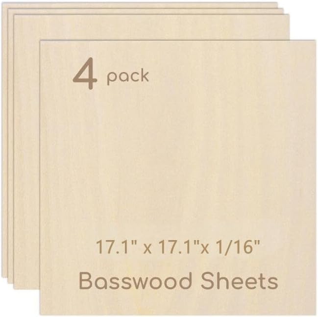 4 Pack Plywood Sheets, 17.1" x 17.1"x 1/16" Basswood Sheets | 1.5mm Basswood by Hosifiy