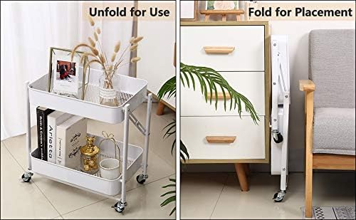 Melody House 2-Tier Metal Folding Rolling Cart, Mobile Utility Cart Trolley Storage Organizer for Office Home Kitchen Organization, Sofa Side End Table with Wheels, White