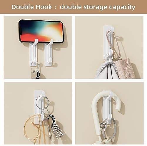 Wall Hooks for Coat and Towel: 13LB Adhesive Door Hanger Stick on, White 4 Pack