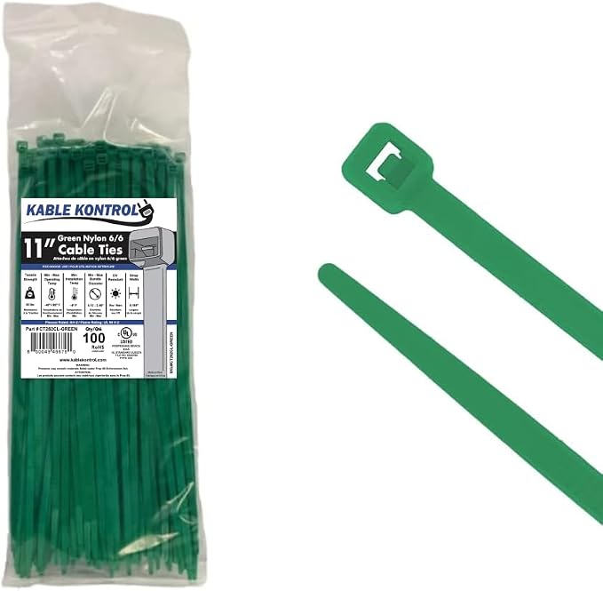 Kable Kontrol Green Zip Ties 11 Inch 100 Pcs, 50 Lbs Tensile Strength, by KABLEKONTROL%C2%AE