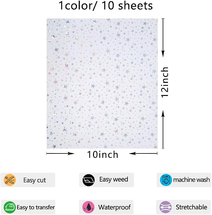 FUNKAKA Holographic Star Heat Transfer Vinyl HTV 10 Sheets - Image 2
