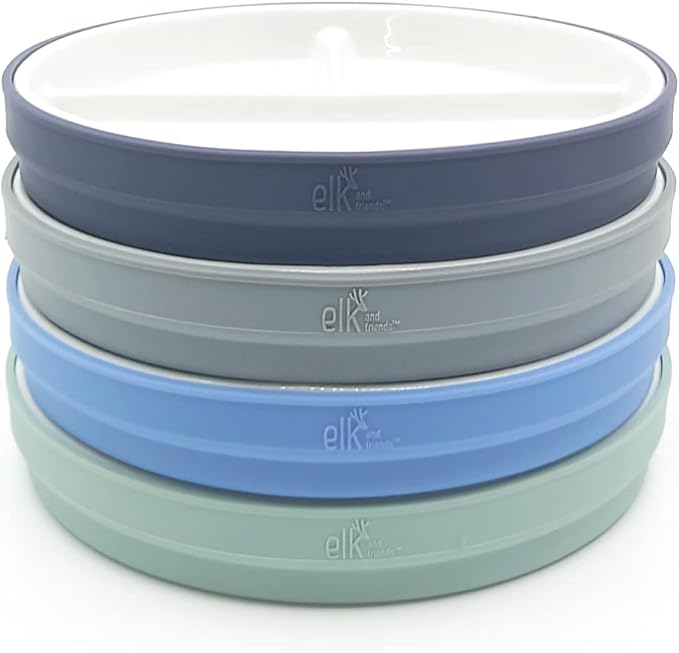 Elk and Friends Kids 6.7” Porcelain Divided Plates with Silicone Sleeves | Suitable for Babies/Kids/Toddlers | Microwave & Dishwasher Safe | Non Slip | Snack Dishes