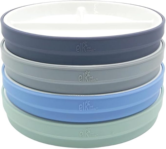 Elk and Friends Kids 7.8” Porcelain White Plates with Silicone Sleeves | Divided Plates | Suitable for Kids/Toddlers | Microwave & Dishwasher Safe | Non Slip | Snack Dishes