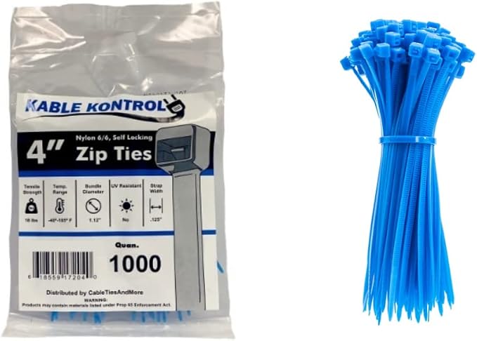 Kable Kontrol Blue Zip Ties 4 Inch 1000 Pcs, 18 Lbs Tensile Strength, by KABLEKONTROL%C2%AE