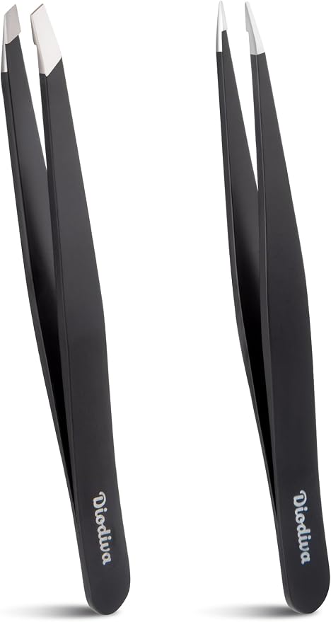 2-Pack Tweezers for Eyebrows, Facial Hair, Ingrown Hair Removal, Slant and by Diodiva