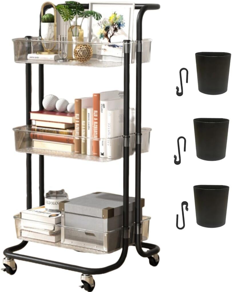 3 Tier Rolling Cart with Metal Handle, Hanging Cups, Hooks, Plastic Storage Baskets & Wheels Lockable, Utility Craft Cart for Bathroom Classroom Office Kitchen Pantry Organizers and Storage, Clear