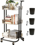 3 Tier Rolling Cart with Metal Handle, Hanging Cups, Hooks, Plastic Storage Baskets & Wheels Lockable, Utility Craft Cart for Bathroom Classroom Office Kitchen Pantry Organizers and Storage, Clear