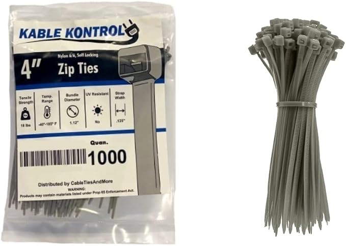 Kable Kontrol Gray Zip Ties 4 Inch 1000 Pcs, 18 Lbs Tensile Strength, by KABLEKONTROL%C2%AE