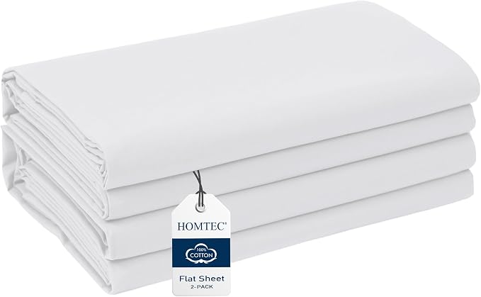 Full Size Flat Sheet 2 Pack, 100% Cotton Percale Flat Bed Sheet, Breathable & by HOMTEC