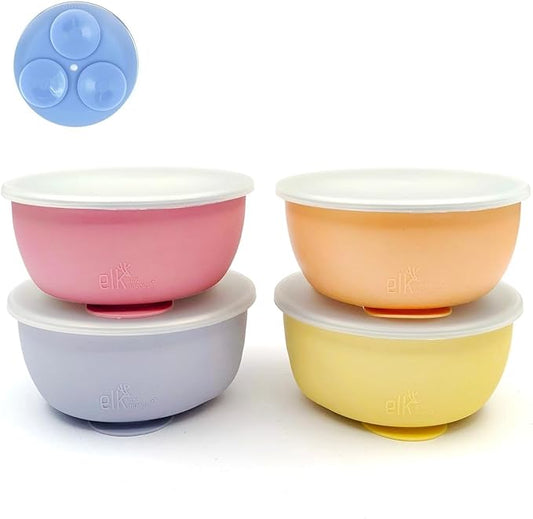 Elk and Friends Stainless Steel Bowls with Silicone Sleeve for Babies & Toddlers | Lids Included | Stay Put Suction | Cereal & Snack Bowls | 4 Pack