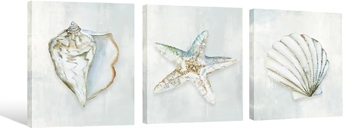 Seashell Bathroom Decor Blue Conch Scallop Starfish Canvas Wall Art Modern - Image 2