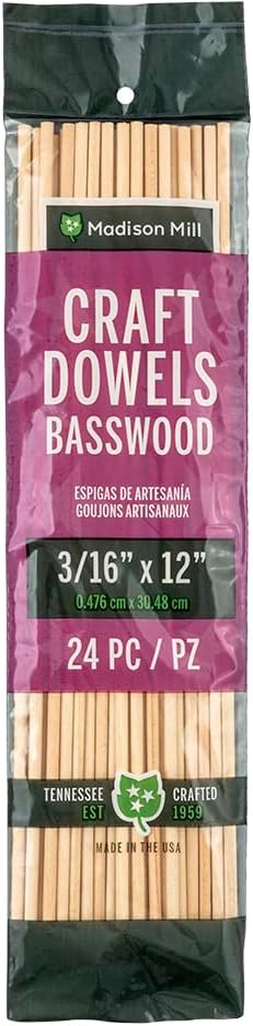 Basswood Craft Dowels – 3/16" x 12" | Smooth Unfinished Basswood Dowel Rods by MadisonMill