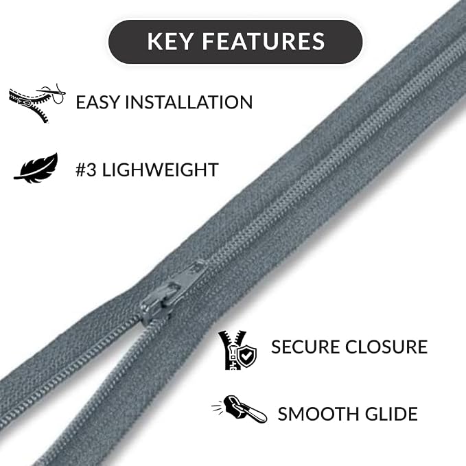 Dark Grey 22" Nylon Coil Zipper Non-Separating Closed End – Replacement Zipper - Image 6