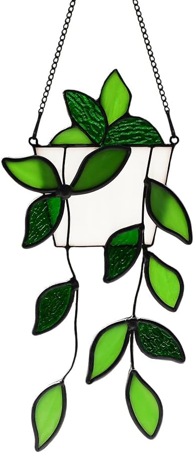 Green Stained Glass Suncatcher for Window, Artificial Fake Plant Decor Hanging by EPOGIFTS