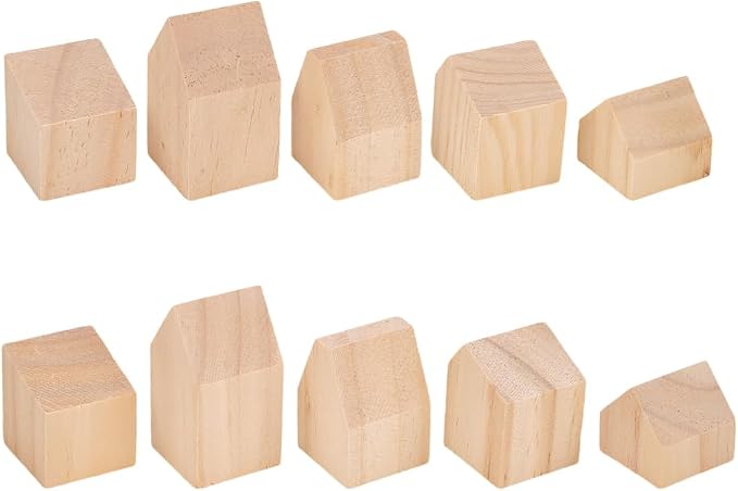 NBEADS 10 Pcs Unfinished Wooden House Shaped Blocks, Large Wood Blocks by NBEADS