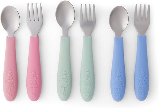 Elk and Friends Kids Silverware with Silicone Handle | Childrens Safe Flatware | Toddler Utensils | Baby Spoons + Forks | Stainless Steel Cutlery