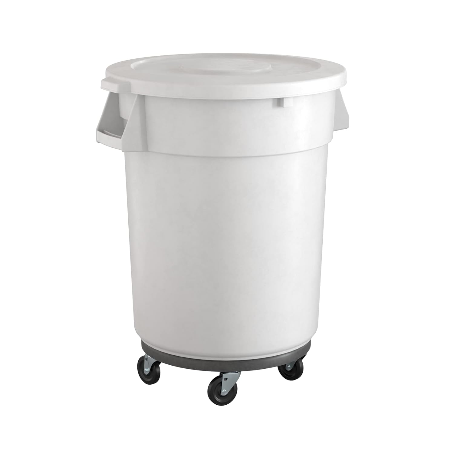 32 Gallon White Round Commercial Trash Can with Lid and Dolly
