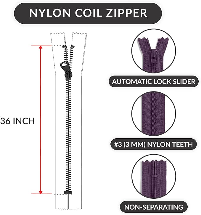 Nylon Coil Zipper 36 Inch Non-Separating Closed End – Purple – Replacement - Image 2