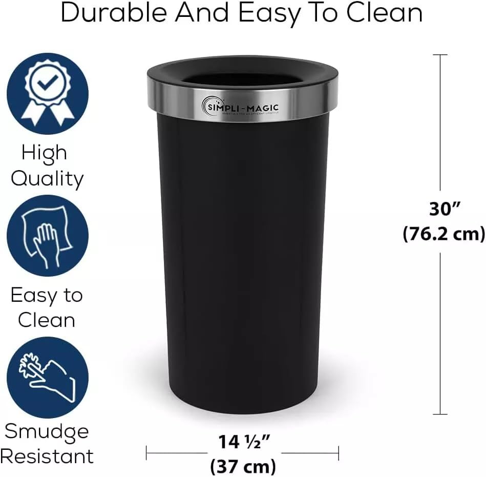 SIMPLI-MAGIC 16 Gallon (60L) Open Top Trash Can – Round Commercial Trash Can – Smudge-Resistant, Easy to Clean, Non-Skid Base, Stainless Steel (2 Pack)