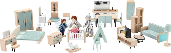 Giant bean 36pcs Wooden Dollhouse Furniture Set 5 Rooms 4 Family Dolls - Image 10
