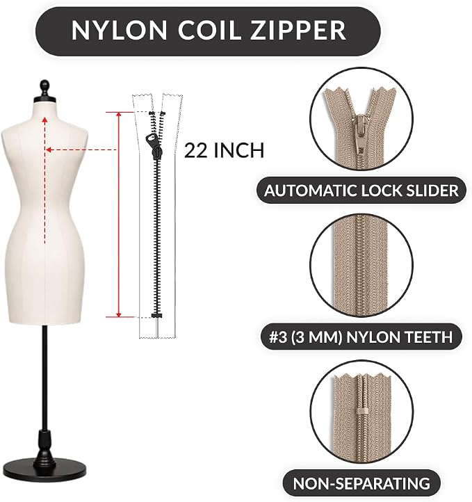 22 Inch Nylon Coil Zipper Light Beige Color, Non Separating Closed-End Sewing - Image 2