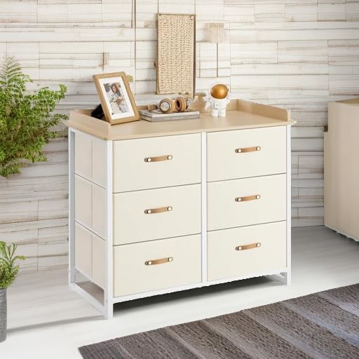 SONGMICS Kids Dresser with 6 Drawers, Boys Girls Dresser, with Water-Resistant Tabletop, Storage Organizer Cabinet, for Bedroom Hallway, Beige UGKR101K01