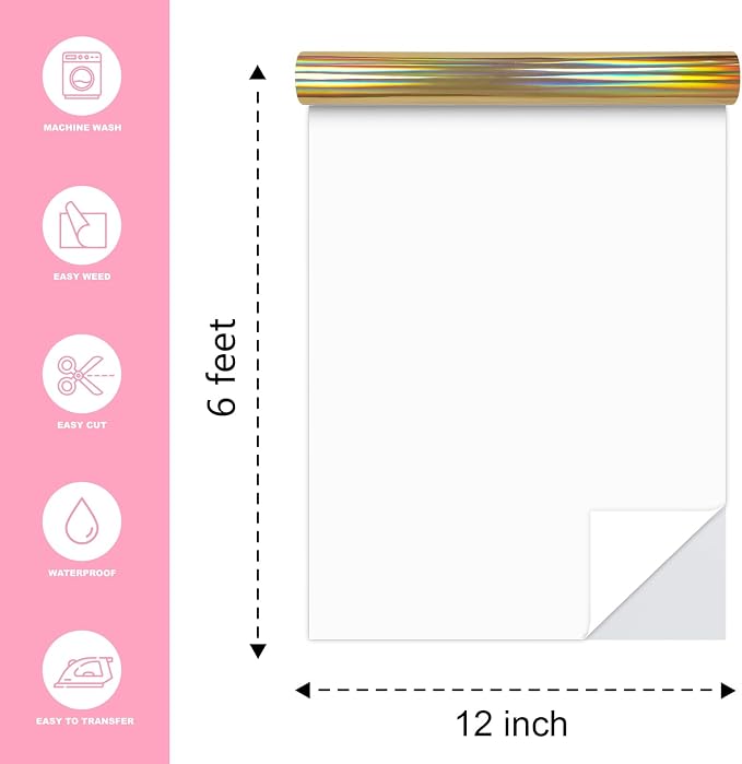 Holographic Gold Heat Transfer Vinyl Roll, Soft Metallic Foil HTV - Image 2