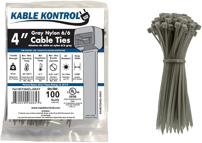 Kable Kontrol Gray Zip Ties 4 Inch 100 Pcs, 18 Lbs Tensile Strength, by KABLEKONTROL%C2%AE