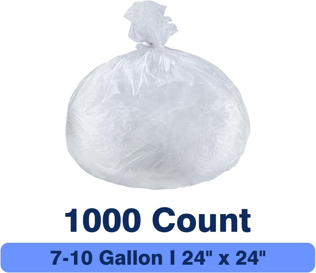 7-10 Gallon Clear Trash Can Liners, 24'' x 24'', Wholesale 1000 Count, High Density Garbage Bags for Office, Bathroom, Commercial and Industrial Use