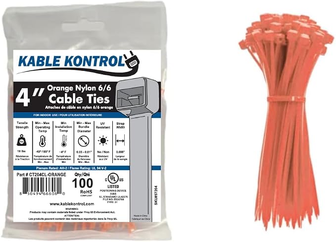 Kable Kontrol Orange Zip Ties 4 Inch 100 Pcs, 18 Lbs Tensile Strength, by KABLEKONTROL%C2%AE