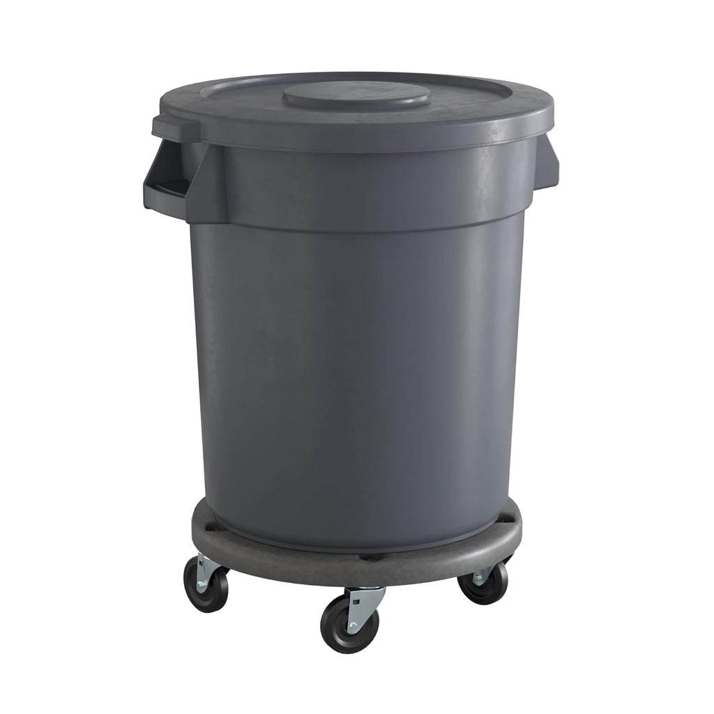 20 Gallon Gray Round Commercial Trash Can with Lid and Dolly
