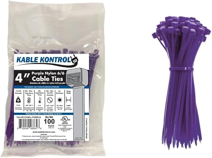Kable Kontrol Purple Zip Ties 4 Inch 100 Pcs, 18 Lbs Tensile Strength, by KABLEKONTROL%C2%AE