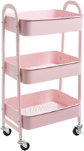 AGTEK Makeup Cart, Movable Rolling Organizer Cart, 3 Tier Metal Utility Cart Pink