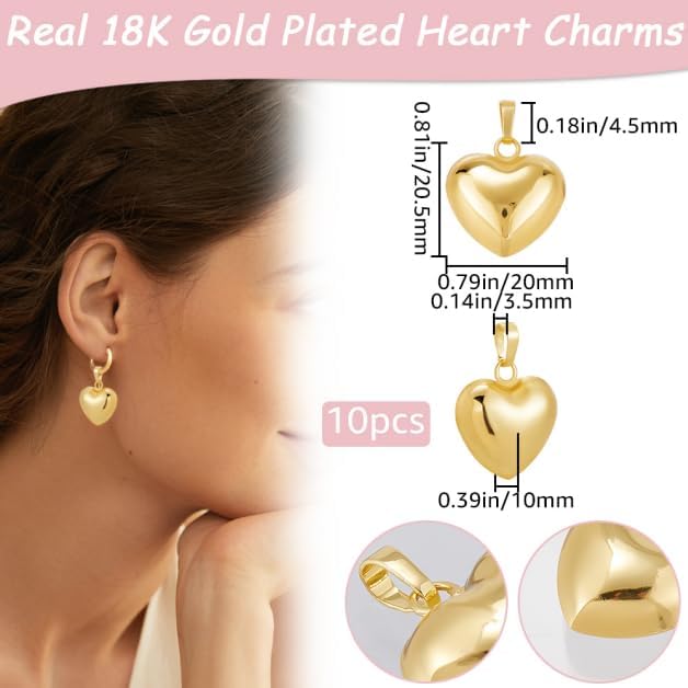 Beebeecraft 1 Box 10Pcs Heart Charm 18K Gold Plated Brass Large Puffy Love - Image 2