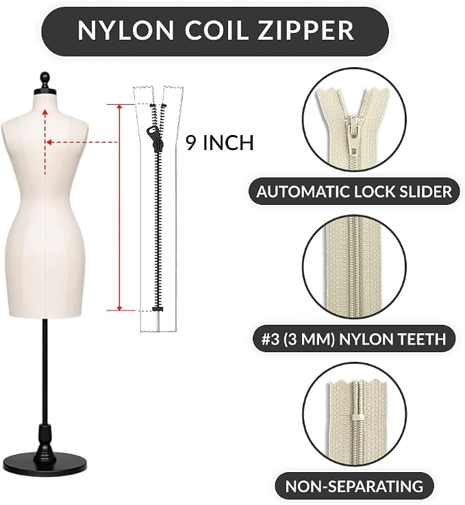 9" Nylon Coil Zipper Natural Color, Non Separating Closed-End Sewing Zipper - Image 2
