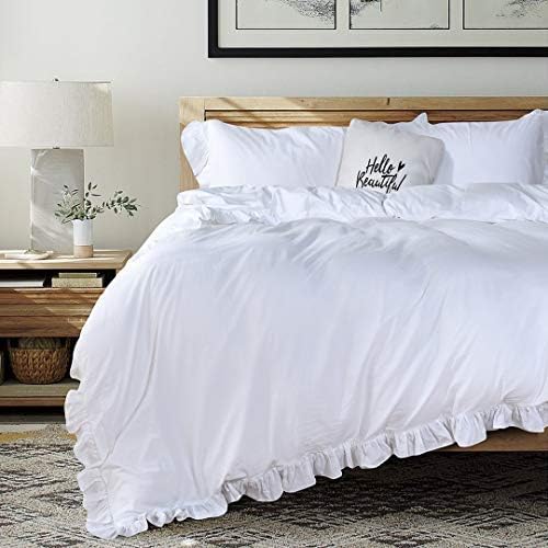 QSH White Ruffle Duvet Cover Queen Washed Cotton Farmhouse Shabby Boho Chic - Image 6