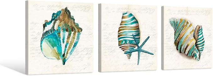 JAPO ART - Sea Lift Picture Abstract Artwork Aquarelle Color Blue Shells Gold - Image 2