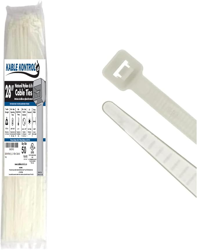 Kable Kontrol Heavy Duty Cable Zip Ties 50 Pcs 28 Inch, Natural White, 175 Lbs by KABLEKONTROL%C2%AE