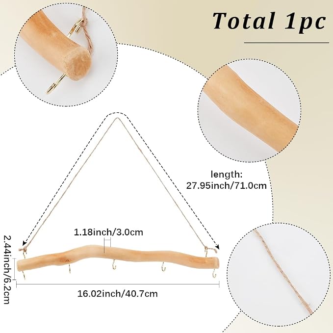 15 Inch 5 Hook Driftwood Wall Hanging Wall Mounted Jewelry Holder Natural Branch - Image 2