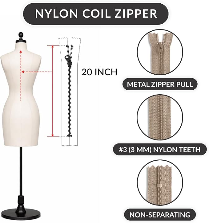 20 Inch Nylon Coil Zipper Light Beige Color, Non Separating Closed-End Sewing - Image 2