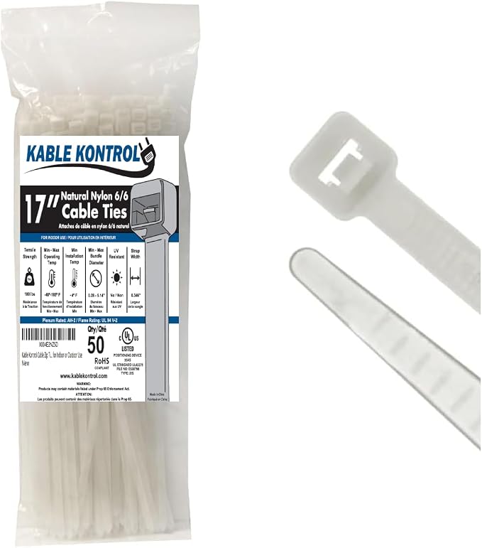 Kable Kontrol Cable Zip Ties Natural White 50Pcs 17 Inch, 175 Lbs Tensile by KABLEKONTROL%C2%AE