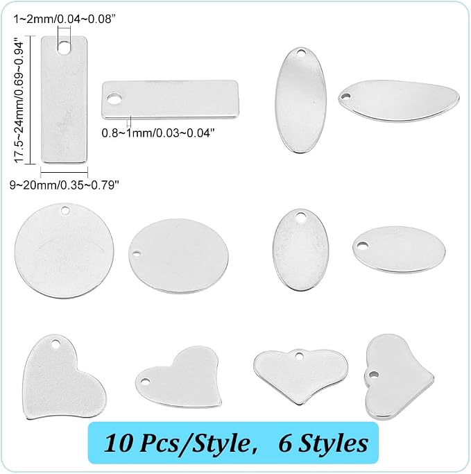 PH PandaHall 304 Stainless Steel Stamping Charms 60pcs 6 Style Blank Tags | - Image 2