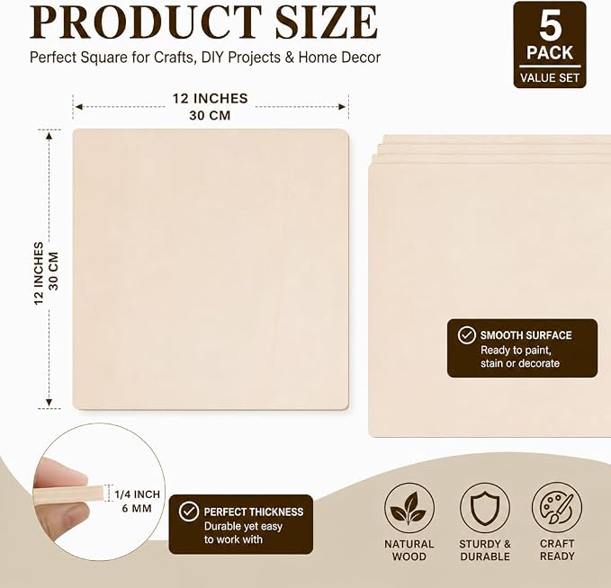 FSWCCK Unfinished Blank Square Wood Pieces, 5 Pack 6 mm 1/4" x 12" x 12" Craft - Image 3