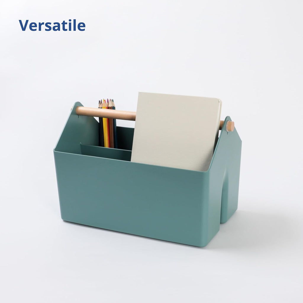 BLUE GINKGO Medium Storage Basket – Plastic Caddy with Wooden Handle for Office, Arts & Crafts, or Home Supplies (Green)