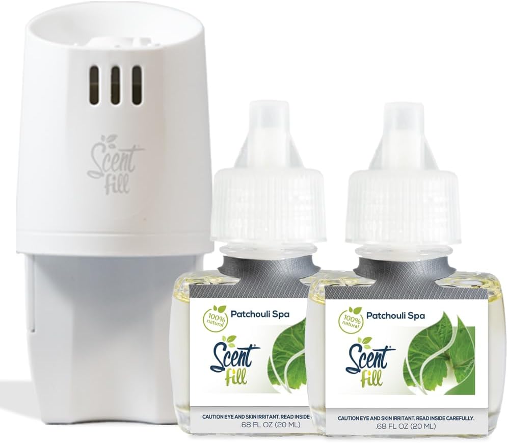Scent Fill 100% Natural Patchouli Spa Plug in Air Freshener, Scented Oil Refills, 2 Refills + Diffuser