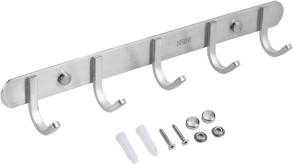 Coat Hook Rack Hanger –Towel Hook Rail with 5 Hooks 13-Inch Wall Mounted for Bedroom, Bathroom, Hallway, Garage, Garden, Office, 304 Stainless Steel Brushed Nickel, Easy Installation (Silver)