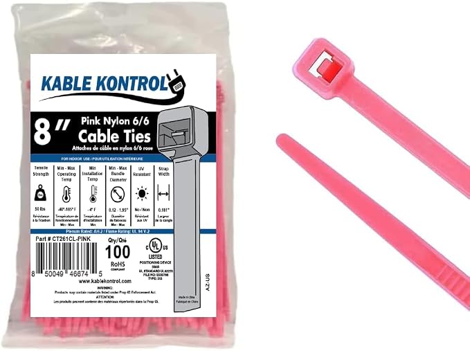 Kable Kontrol Pink Zip Ties 8 Inch 100 Pcs, 50 Lbs Tensile Strength, by KABLEKONTROL%C2%AE