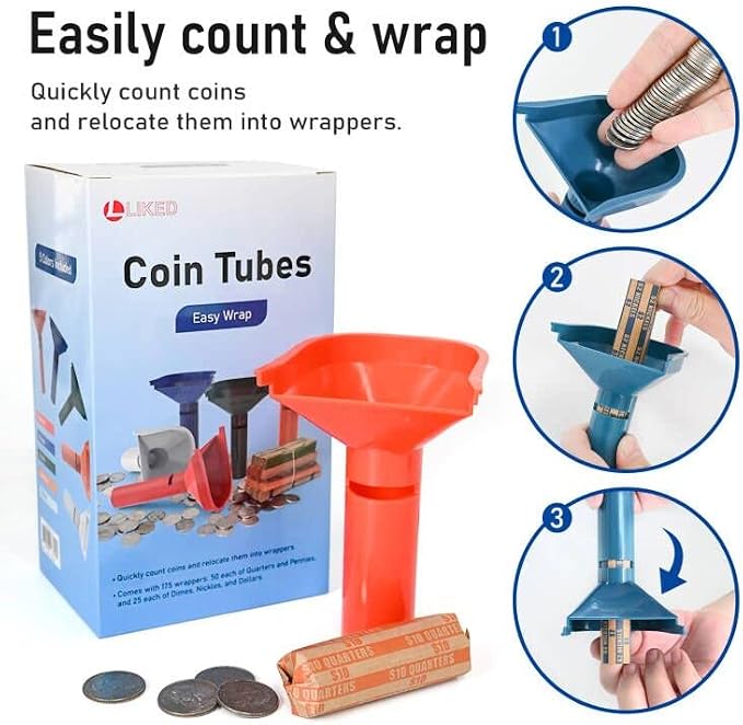 L LIKED 175 Assorted Flat Striped Coin Wrappers & 5 Coin Sorters Tubes - Image 5