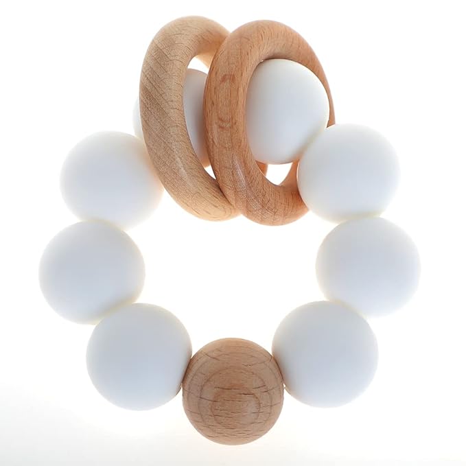 Silicone Baby Teether, Food Grade Silicone & Beech Baby Teething Toy, BPA Free (White)